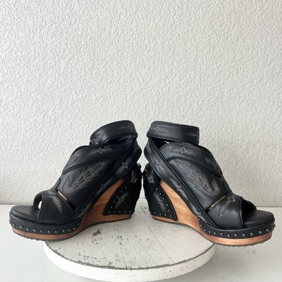 Lane Boots LEXINGTON Womens Black Wedges 9 Western Sandals Cowgirl Wooden Heel - Picture 7 of 11
